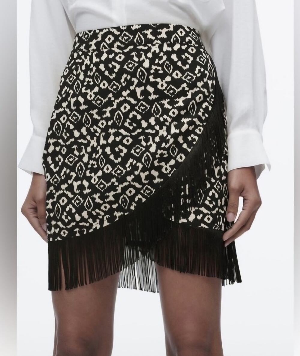 Zara Black White Abstract Print Faux Wrap Fringe Hem and Trim Mini Skirt Small